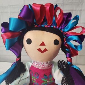 Traditional Handmade Mexican Otomi Lele Pink Rag Cloth Doll 14" Ribbon Soft Toy